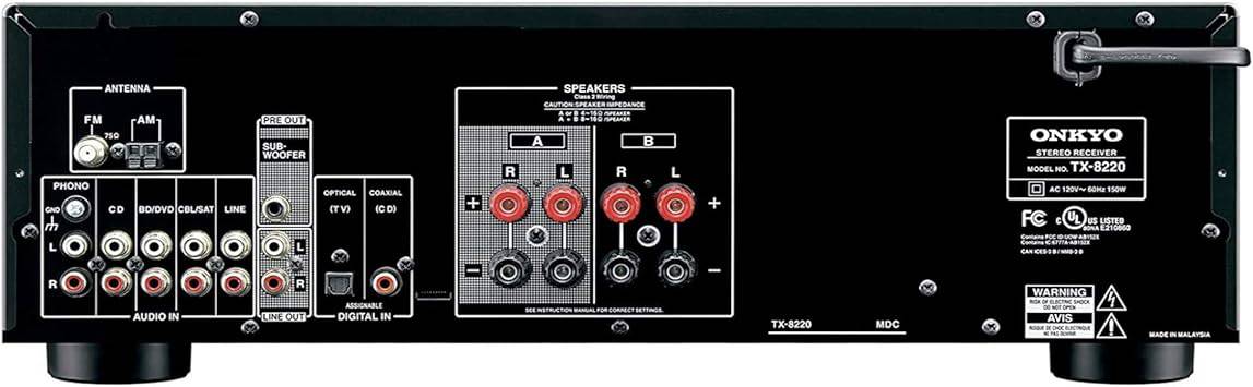 Onkyo TX-8220 2-channel stereo receiver with Bluetooth, black front panel, knobs, and display for audio connection and control