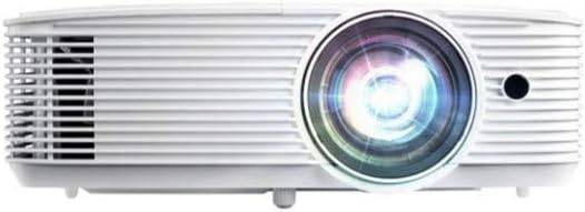 Optoma WXGA short throw projector ZW350ST displaying a bright image on a wall, compact design with lens and control buttons visible.