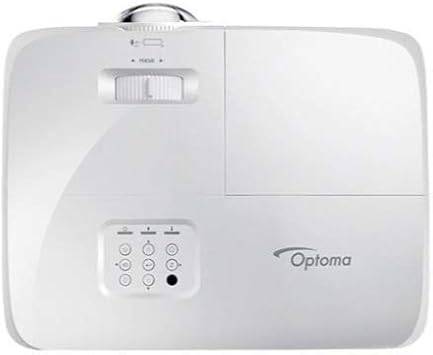 Optoma WXGA short throw projector ZW350ST displaying a bright image on a wall, compact design with lens and control buttons visible.