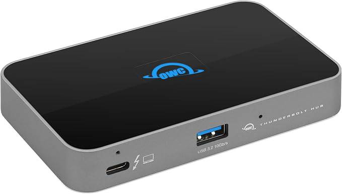 OWC 5 Port Thunderbolt Hub with 60W charging, Thunderbolt 4 and USB 3.2 ports, compatible with Macs and PCs.