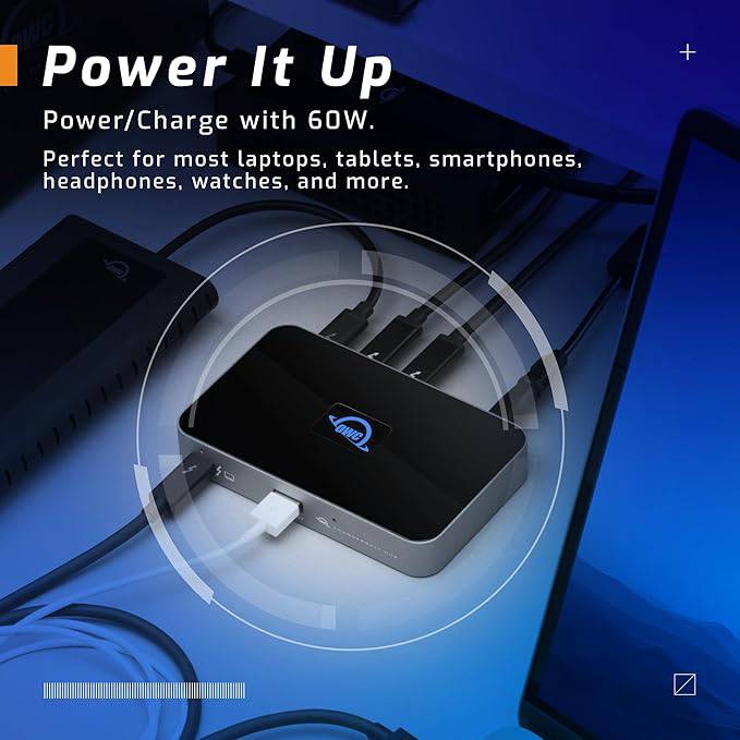 OWC 5 Port Thunderbolt Hub with 60W charging, Thunderbolt 4 and USB 3.2 ports, compatible with Macs and PCs.
