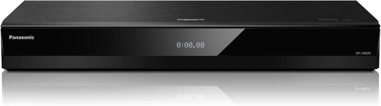 Panasonic 4K Blu-ray player in black with Dolby Vision, HDR10+, Hi-Res Audio, and voice assist features.