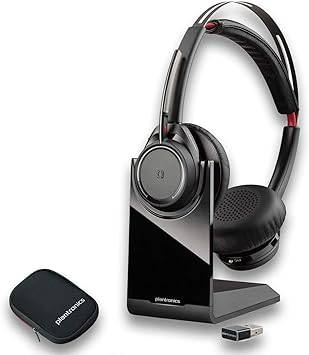 Plantronics Voyager B825-M Focus UC Bluetooth headset with USB Type-A adapter, shown with microphone and ear cushions.
