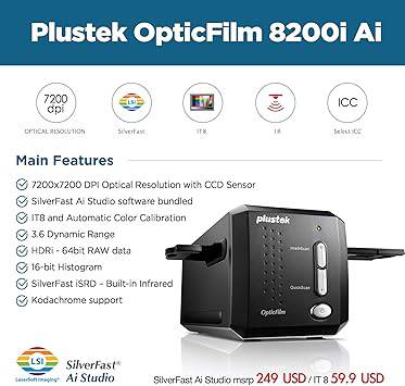 Plustek OpticFilm 8200i AI - 35mm Film & Slides Scanner. IT 8 Calibration Target + SilverFast Ai Studio , 7200 dpi Resolution 64Bit HDRi, Mac/PC