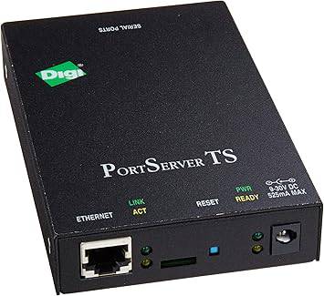 PortServer TS 4-port RS-232 serial to Ethernet device server, connected to network cables, showing front ports and LED indicators.