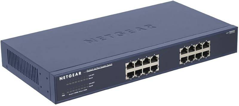 ProSafe JGS516 16-port Gigabit Ethernet switch with sturdy black design and multiple ports for high-speed network connectivity.