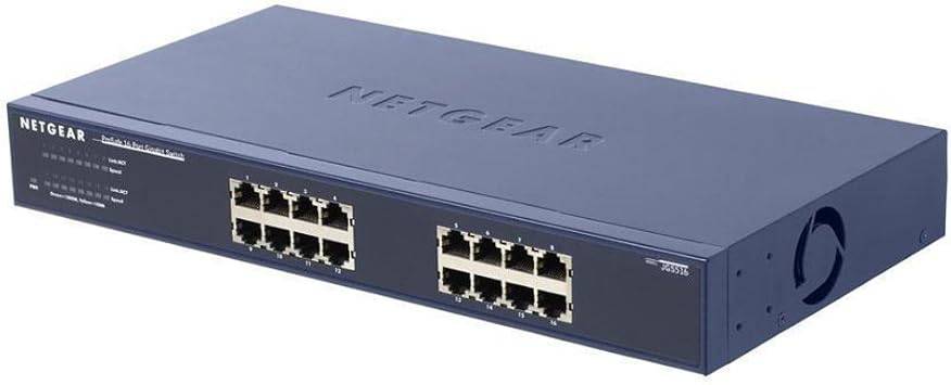 ProSafe JGS516 16-port Gigabit Ethernet switch with sturdy black design and multiple ports for high-speed network connectivity.
