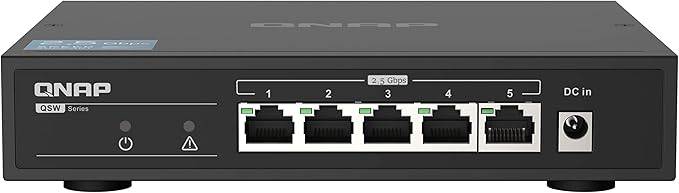 QNAP QSW-1105-5T-US 5-port unmanaged 2.5GbE switch with Broadcom BCM53161 chipset showing ports and LED indicators