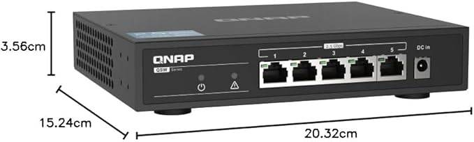 QNAP QSW-1105-5T-US 5-port unmanaged 2.5GbE switch with Broadcom BCM53161 chipset showing ports and LED indicators