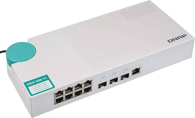 QNAP QSW-308-1C 10GbE switch with 3-port 10G SFP+ and 8-port Gigabit unmanaged switch, featuring combo ports for flexible connectivity.