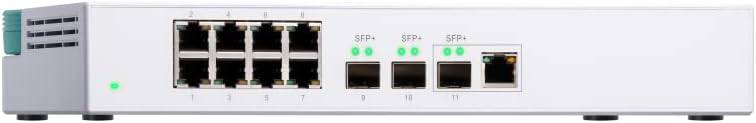 QNAP QSW-308-1C 10GbE switch with 3-port 10G SFP+ and 8-port Gigabit unmanaged switch, featuring combo ports for flexible connectivity.