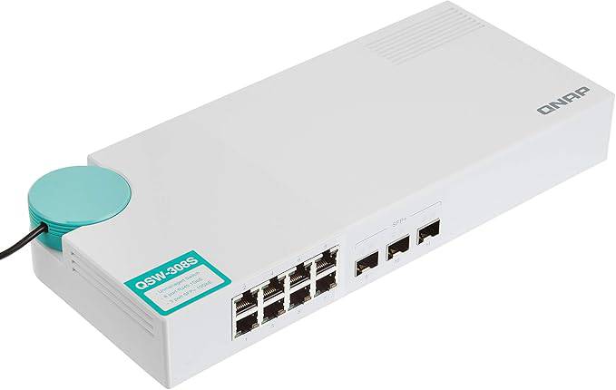 QNAP QSW-308S-US 10GbE switch with 3 10G SFP+ ports and 8 Gigabit ports, unmanaged network switch for high-speed connectivity.
