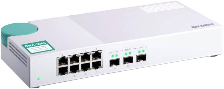 QNAP QSW-308S-US 10GbE switch with 3 10G SFP+ ports and 8 Gigabit ports, unmanaged network switch for high-speed connectivity.