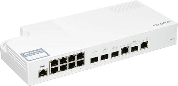 QNAP QSW-M408-2C-US 10GbE managed switch with 2 SFP+/RJ45 combo ports, 2 10GbE SFP+ ports, 2 10GbE Base-T ports, and 8 Gigabit ports.