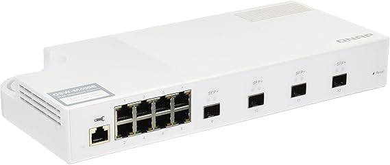 QNAP QSW-M408S 10GbE managed switch with 4 10G SFP+ ports and 8 Gigabit Ethernet ports, shown with ports and ports labels.