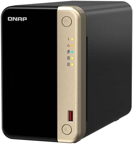 QNAP TS-264-8G-US 2-bay desktop NAS with Intel Celeron quad-core, M.2 PCIe slots, dual 2.5GbE network ports, diskless setup.