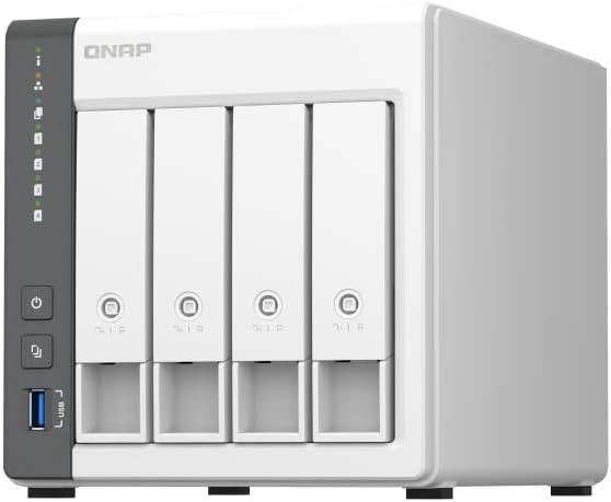QNAP TS-433-4G-US 4-bay NAS with quad-core processor, 4GB DDR4 RAM, and 2.5GbE network port, diskless setup.