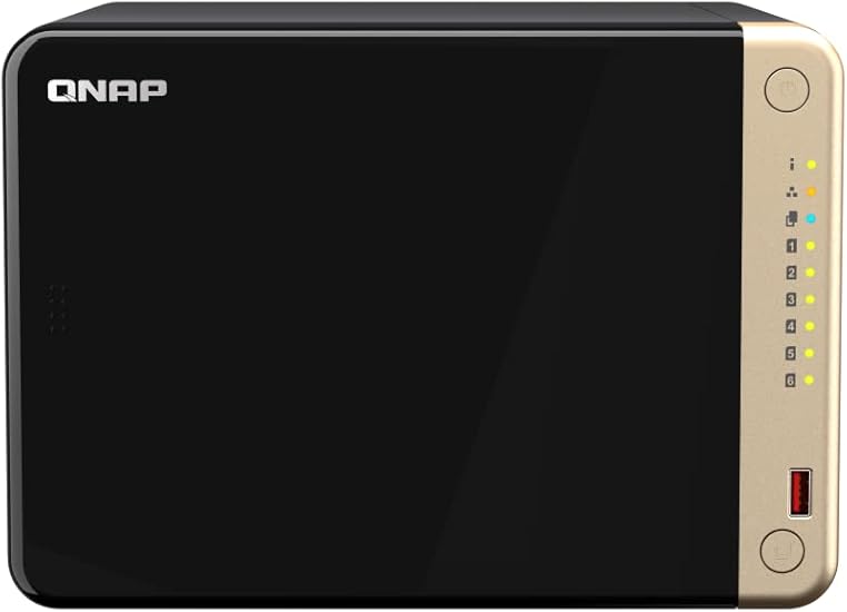QNAP TS-664-8G-US 6-bay desktop NAS with Intel Celeron quad-core, M.2 PCIe slots, dual 2.5GbE network ports, diskless.