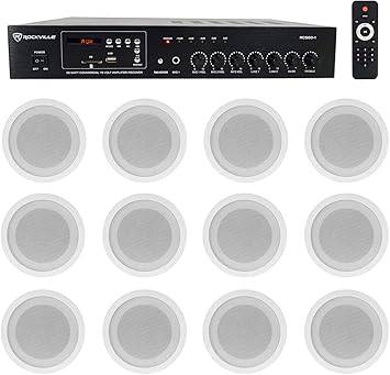 Set of four Rockville Commercial 70V white 5-inch ceiling speakers, ideal for restaurants, bars, and cafes.