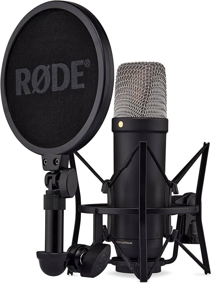 Rode NT1 5th Gen condenser microphone with SM6 shockmount and pop filter in black, designed for studio recording.