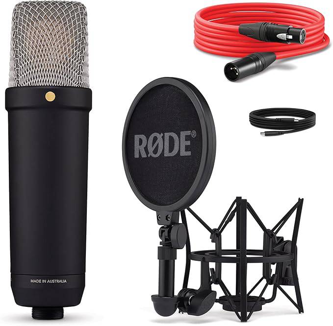 Rode NT1 5th Gen condenser microphone with SM6 shockmount and pop filter in black, designed for studio recording.