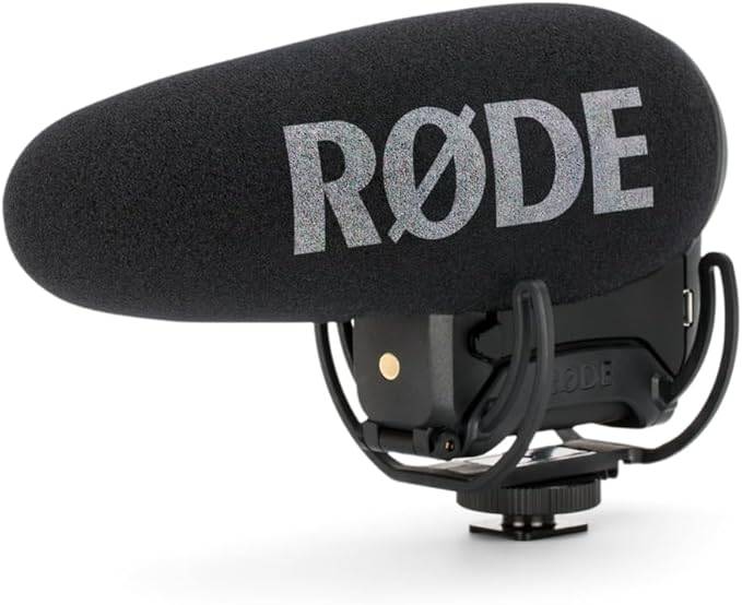 Rode VideoMic Pro+ compact directional on-camera shotgun condenser microphone mounted on a camera setup.