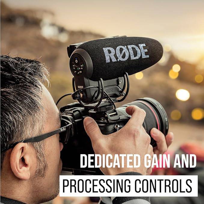 Rode VideoMic Pro+ compact directional on-camera shotgun condenser microphone mounted on a camera setup.