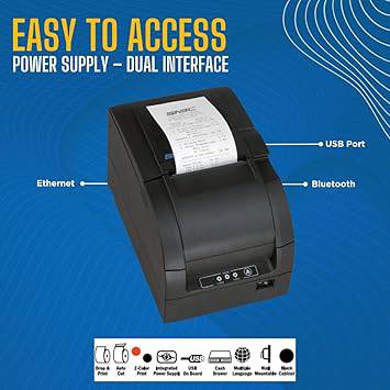 SNBC BTP-M300 impact receipt printer in black with USB and serial interfaces, fast print speed, drop-in paper loading, logo printing
