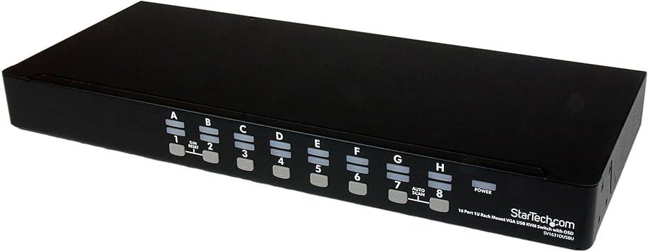 StarTech.com 16-port 1U rackmount USB KVM switch with OSD display and cables, supports 16 KVM ports for desktop setup.