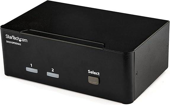 StarTech.com 2-Port DisplayPort KVM switch supporting dual 4K monitors, audio, USB peripherals, with DP 1.2 and USB hub.