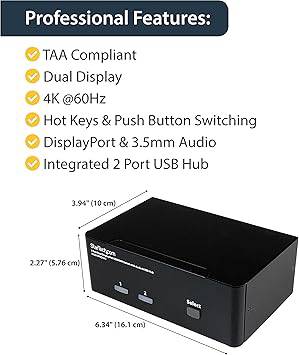 StarTech.com 2-Port DisplayPort KVM switch supporting dual 4K monitors, audio, USB peripherals, with DP 1.2 and USB hub.