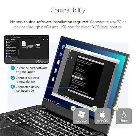 StarTech.com NOTECONS02 portable KVM console adapter connecting to a laptop with USB 2.0, featuring file transfer and video capture.