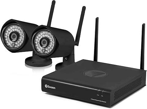 Swann SWNVW-GUAEYE-CL 1080p wireless monitoring system with two black WiFi security cameras for home surveillance.