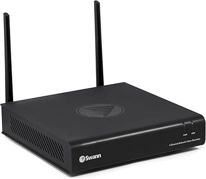 Swann SWNVW-GUAEYE-CL 1080p wireless monitoring system with two black WiFi security cameras for home surveillance.