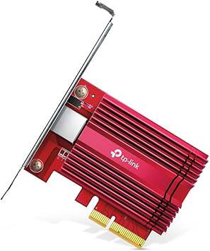 TP-Link 10GB PCIe Network Card TX401 with CAT6A Ethernet cable, supports Windows, Linux, and Windows Server for high-speed network connectivity.