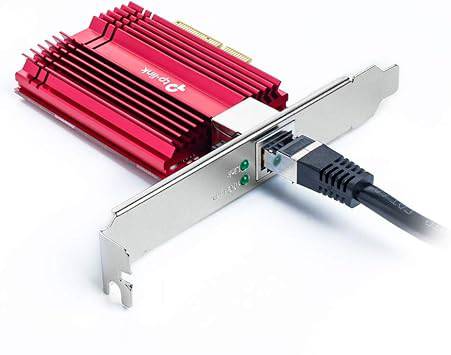 TP-Link 10GB PCIe Network Card TX401 with CAT6A Ethernet cable, supports Windows, Linux, and Windows Server for high-speed network connectivity.