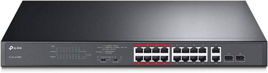 TP-Link 16-port unmanaged PoE switch with 2 gigabit ports, supports 250m transmission and video monitoring priority mode.