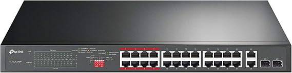 Black TP-Link 24-port Fast Ethernet PoE switch with 24 PoE+ ports, gigabit uplinks, combo SFP slots, and extend mode.