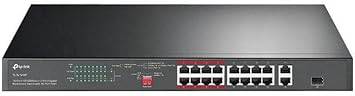 Black TP-Link 24-port Fast Ethernet PoE switch with 24 PoE+ ports, gigabit uplinks, combo SFP slots, and extend mode.