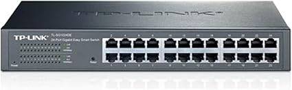 TP-Link 24-port Gigabit Easy Smart Switch TL-SG1024DE with Ethernet ports and LED indicators for network management.