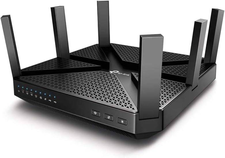 TP-Link AC4000 Tri-Band WiFi Router with MU-MIMO, beamforming, Gigabit ports, integrated antivirus, QoS, and link aggregation.
