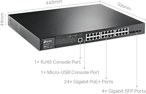 TP-Link JetStream 28-Port Gigabit L2 Managed Switch with 24-Port PoE+ (TL-SG3428MP) - 24× gigabit PoE+ ports @384W, 4× gigabit SFP Slots, Omada SDN Integrated, Limited Lifetime Protection