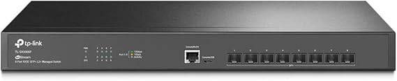 TP-Link TL-SX3008F 8-port 10G SFP+ enterprise switch with L2+ smart management, Omada SDN, IPv6, static routing, and QoS features.