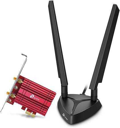 TP-Link WiFi 6E AX5400 PCIe WiFi card with tri-band antenna, Bluetooth 5.2, heat sink, low-profile bracket, supporting Windows 10 and 11