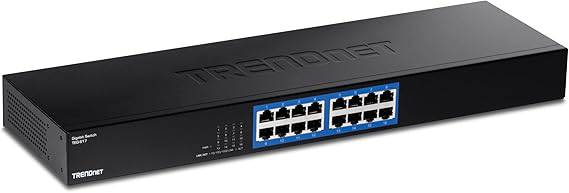 Trendnet 16-Port Gigabit Switch TEG-S17 with 16 RJ-45 ports, fanless metal enclosure, internal power supply, black color.