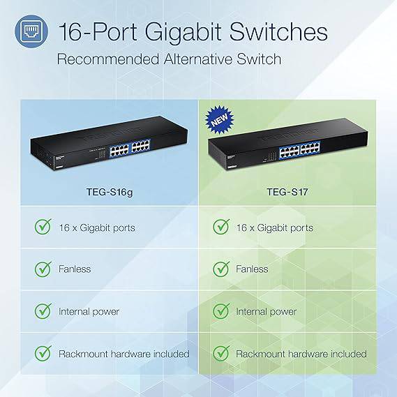 TRENDnet 16-Port Gigabit Switch, TEG-S17, 16 x Gigabit RJ-45 Ports, 32Gbps Switching Capacity, Fanless Design, Metal Enclosure, Internal Power Supply, Lifetime Protection, Black - TEG-S17