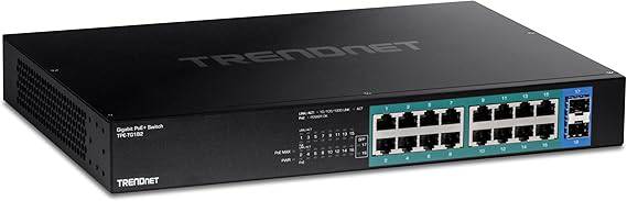 Black TRENDnet 18-port Gigabit PoE+ switch with 16 PoE+ ports, 2 SFP slots, rack-mountable, 240W PoE budget, 36Gbps capacity.