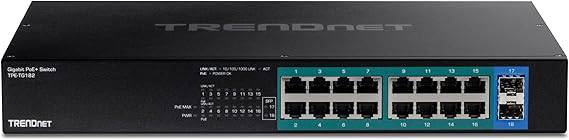 TRENDnet 18-Port Gigabit PoE+ Switch, 16 x 30W PoE+ Ports, 2 Gigabit SFP Slots, 240W PoE Budget, 36Gbps Switching Capacity, 1U 19” Rack Mountable, Lifetime Protection, Black, TPE-TG182