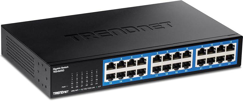 TRENDnet 24-Port Gigabit Desktop Switch with metal enclosure, fanless design, 48Gbps capacity, black finish, and RJ-45 ports.