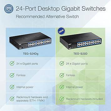 TRENDnet 24-Port Gigabit Desktop Switch, TEG-S25D, 24 x Gigabit RJ-45 Ports, 48Gbps Switching Capacity, Fanless Design, Metal Enclosure, Internal Power Supply, Lifetime Protection, Black - TEG-S25D